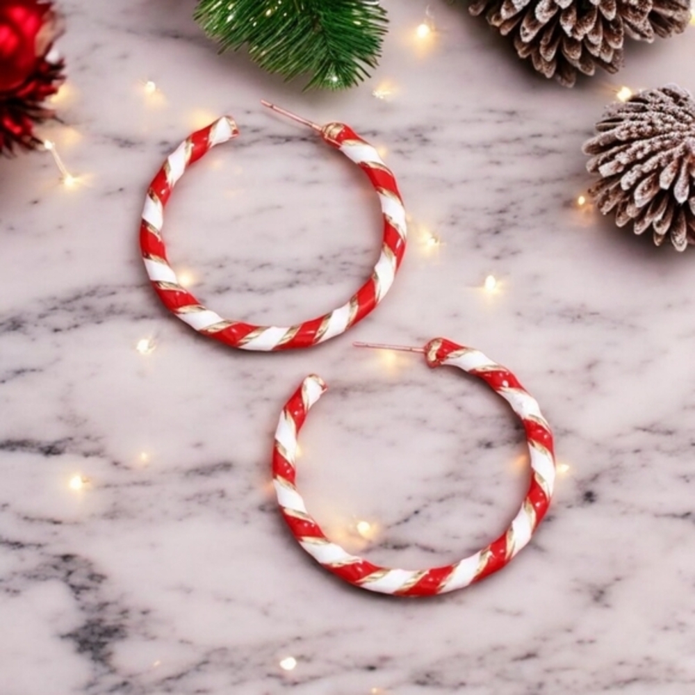 ✨️2‎ for $15✨️ NEW Christmas Candy Cane Striped Hoop Fashion Earrings